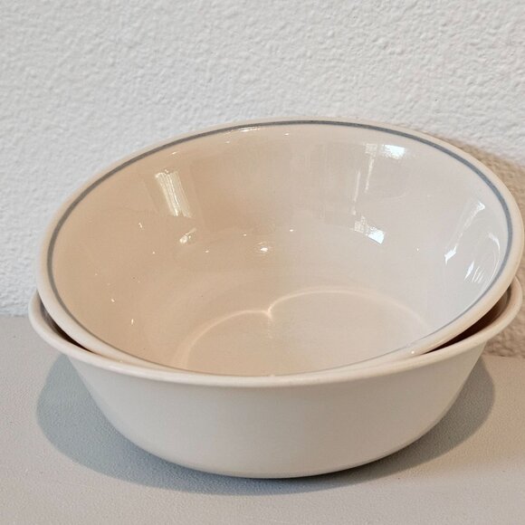Corelle Soup Cereal Bowls beige bowl dusty blue stripe 6.25” set of 2 Corning - Picture 2 of 13